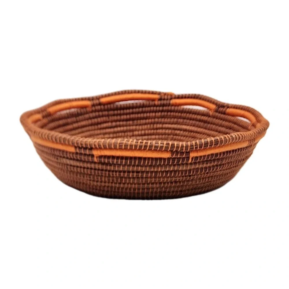 Handwoven Honduran Pine Needle Basket Round Coiled Scalloped Rim Colorful Boho